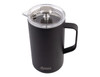 A drink bottle in matte black with a clear lid, featuring a handle and a logo.