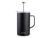 A drink bottle with a matte black finish, a transparent lid, and a metal plunger, featuring a logo on the base.