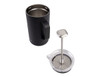 A black insulated coffee press with a stainless steel plunger and a clear lid. It has a sleek handle and branding.