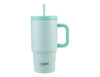 A drink bottle in a light blue colour featuring a handle, straw, and a logo on the front.
