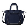 A navy blue bag featuring multiple pockets, sturdy handles, and a shoulder strap, with a logo on the front.