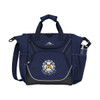A navy blue cooler bag with multiple compartments and a drink bottle holder. It features a logo on the front.