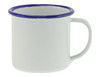 An enamel mug in white with a blue rim, featuring a handle and a glossy finish.