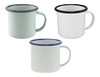 A set of three 125ml enamel espresso mugs in mint green, white, and light grey, each with a contrasting rim.