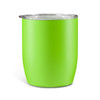 A drink container in vibrant green with a clear lid, featuring a smooth finish and a rounded shape.