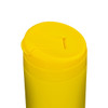 A yellow coffee cup with a round lid and a small opening for drinking, featuring a logo on the side.