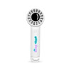 A rechargeable fan in white with a round head and a logo on the handle.