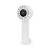 A white rechargeable fan with a circular fan head and a digital display on the handle. It has a logo on the front.