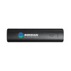 A black power bank with a logo, featuring a slim design and indicator lights.