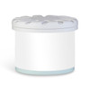 A white fragrance pot with a decorated lid and a light blue base, featuring a branding logo.
