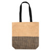 A tote bag in natural and black, featuring a textured design and two sturdy handles. Includes a logo on the side.