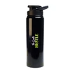 A black drink bottle with a black lid and a logo. The bottle features bold green and white lettering.