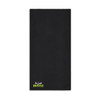 A black towel featuring a logo in vibrant green at the bottom. Ideal for gym or sports use.