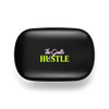 A rectangular, black container featuring a logo in vibrant green and pink colours.