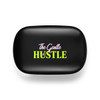 A black promotional product with a vibrant logo featuring the words "The Gentle Hustle" in pink and green.