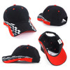 A cap featuring a black base with red accents and a checkered pattern along the brim. It has a logo on the side.