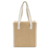 A beige cooler bag with white handles, featuring a simple, textured design and a logo.