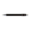 A metal pen in black with chrome accents, featuring a sleek design and branding.