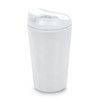 A white reusable coffee cup with a lid, featuring a simple design and a logo.