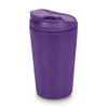 A reusable coffee cup in vibrant purple with a matching lid and a logo. Perfect for on-the-go beverages.