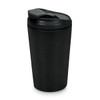 A black reusable coffee cup with a lid, featuring a simple design and a logo.