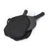 A black pickleball set featuring two paddles and a white ball, stored in a black carrying bag.
