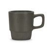 A stackable coffee mug in a matte dark grey finish with a textured base and a sturdy handle.