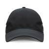 A black sports cap featuring a breathable mesh design and a structured peak. It has a logo on the front.