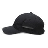 A black sports cap featuring a mesh panel and a logo. The cap has a curved brim and an adjustable strap.