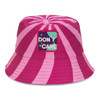 A pink and light pink striped bucket hat featuring a full colour patch and a logo on the front.