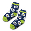 A pair of cosy navy socks featuring white daisies and bright green detailing, with a logo present.