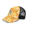 A floral-patterned trucker cap in orange and yellow with a black mesh back and a logo patch on the front.