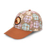 A cap featuring a full colour patch and a pattern of pastel paw prints on a beige background with a brown peak.