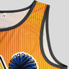 A custom men's active tank top in vibrant orange with a pattern and a logo. Features a grey trim along the neckline.