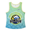 A women's active tank top in shades of green and blue, featuring a circular sport-themed design and a logo.