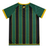 A green and black striped sports jersey with gold accents and a logo on the back.