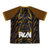 A black and brown active V-neck T-shirt featuring a graphic design and logo on the back.