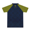 A polo shirt featuring a navy body with green patterned sleeves and a logo on the back.