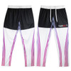 Custom women's active pants in black and white with pink and purple stripes, featuring a logo.