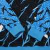 A custom men's active hoodie featuring a blue and black lightning swirl pattern with contrasting blue cuffs and hem.