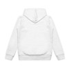 A white youth active hoodie featuring a hood and ribbed cuffs, with a plain back and a branding logo.