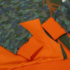 A custom youth active hoodie featuring a camouflage pattern in green and brown with orange cuffs and hem.