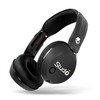 Wireless headphones in black with cushioned ear cups and an adjustable headband, featuring a logo on the side.
