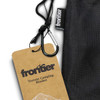 A black camping blanket with a carabiner and a tag. The tag features branding and product details.