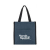 A blue tote bag with black straps and a logo on the front. The bag features a pocket and a simple design.