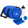 A blue duffel bag with a drink bottle, a blue ball, and a blue fitness towel, featuring a logo on the bag.