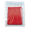 A red cooling towel packed in a clear, sealed pouch with a logo on the front.