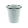 A light green enamel tumbler with a dark rim, 300ml capacity and 9cm height. It features a logo on the surface.