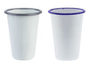 A drink tumbler featuring a white enamel finish with a black and blue rim. Two tumblers displayed side by side.