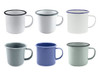 A set of six enamel mugs in various colours, including white, grey, blue, and green, each with contrasting rims.